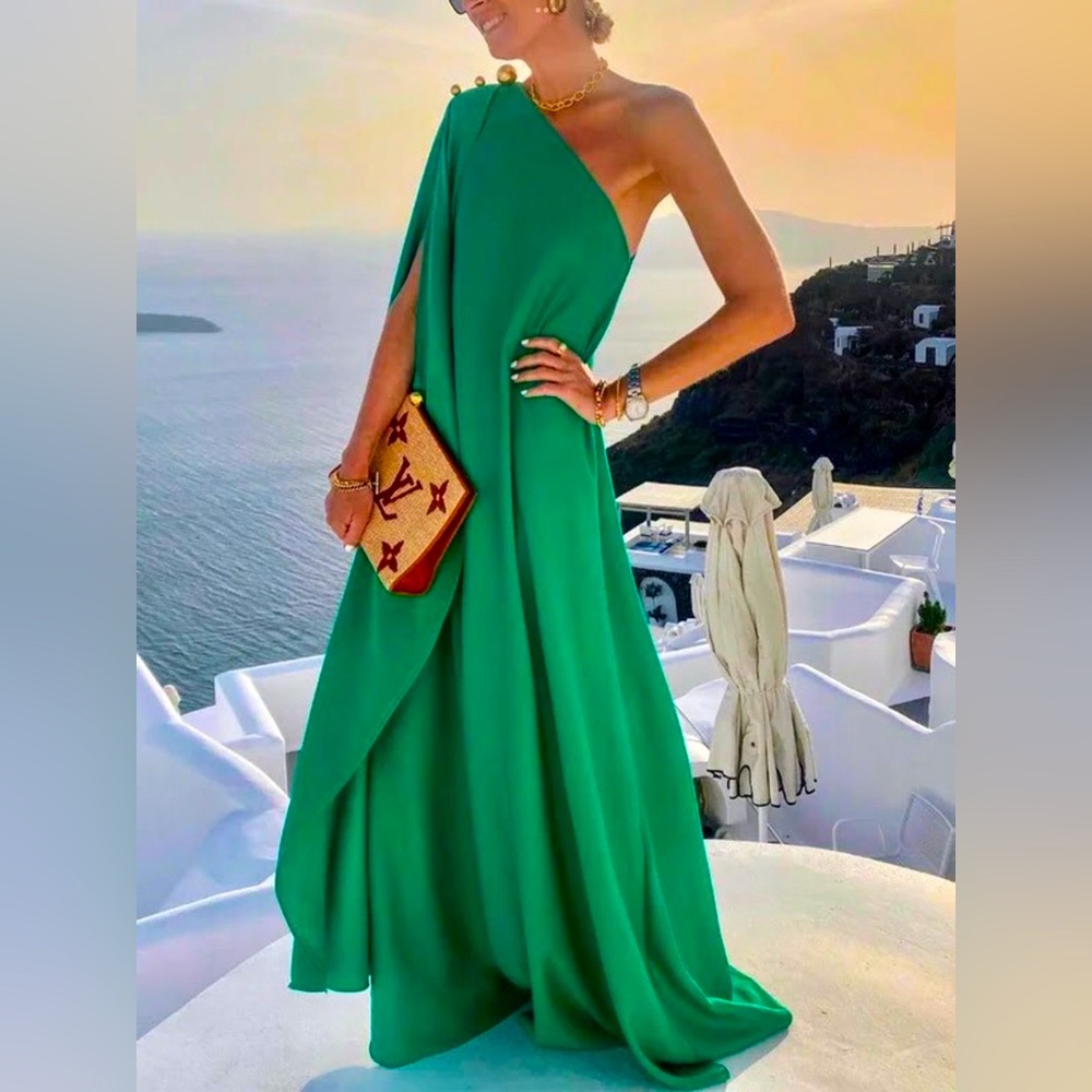 NWT One-Shoulder Cape Sleeve Maxi Dress Green-